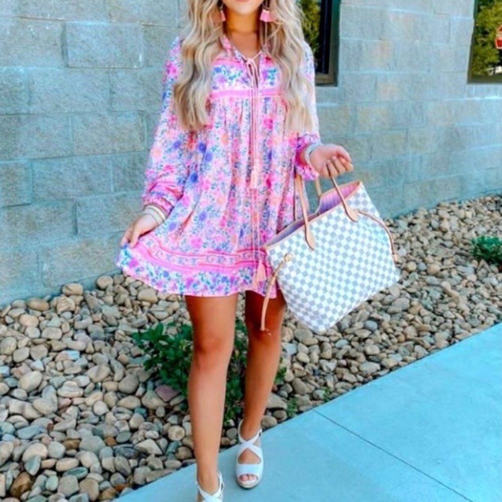 Goodnight Macaroon Sherry Pink Boho Print Long Sleeve Mini Dress Medium